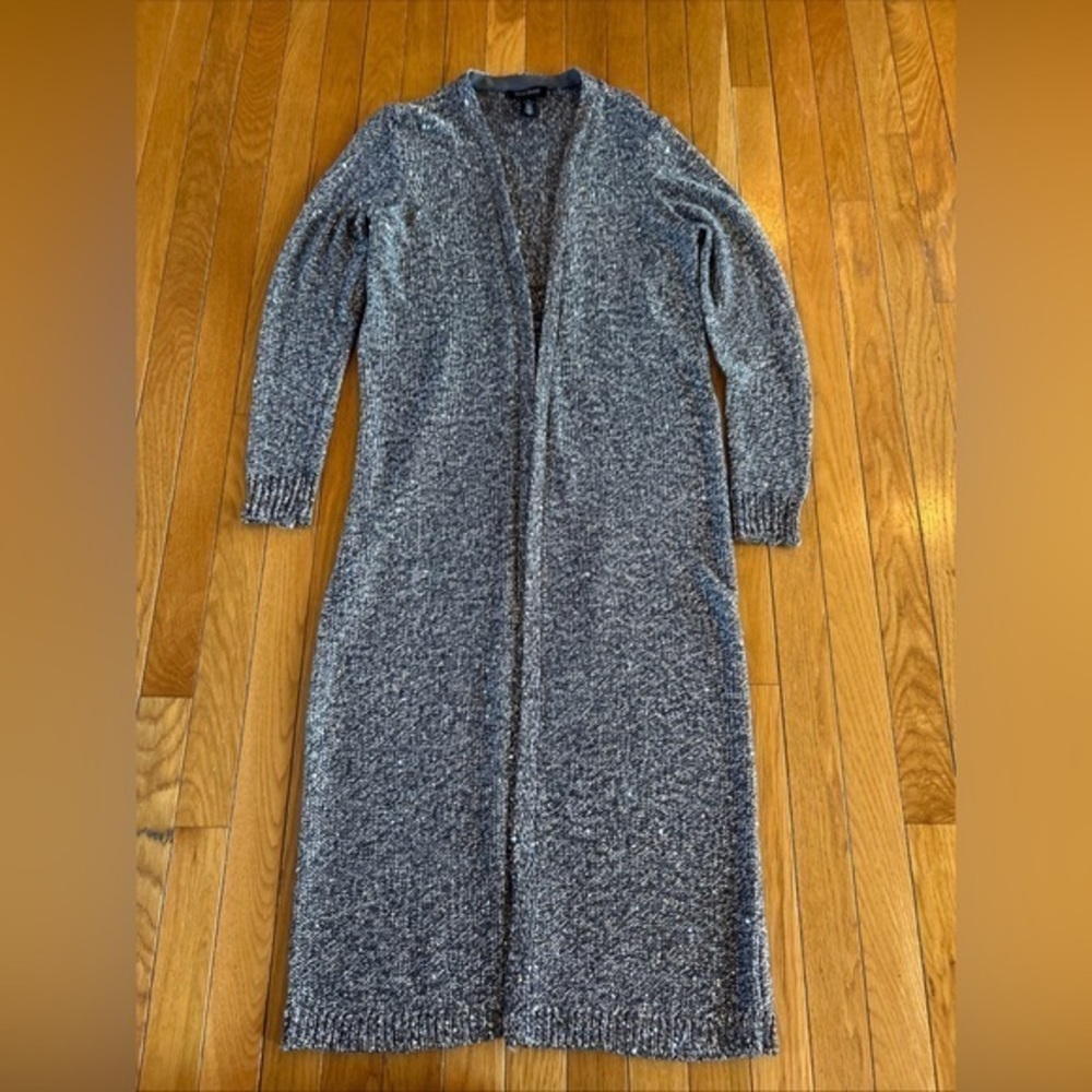 White House Black Market Gray Sequin Long Full Length Cardigan Sweater Sz Small